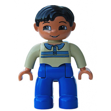 duplo figure lego ville male blue legs tan pullover with buttons and stripes black hair brown eyes nougat hands
