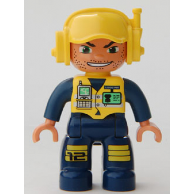 duplo figure lego ville male dark blue legs jumpsuit with yellow vest radio id badge yellow cap with headset wide smile