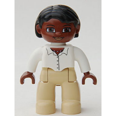duplo figure lego ville female tan legs white top with buttons and necklace black hair brown head