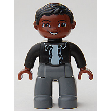 duplo figure lego ville male dark bluish gray legs black top with buttons black hair brown head