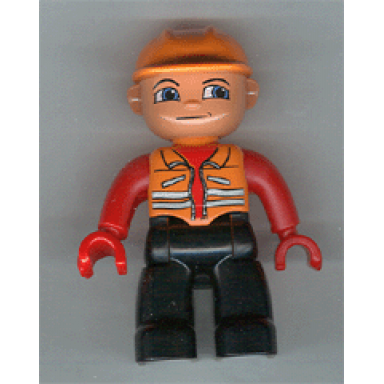 duplo figure lego ville male black legs orange vest orange construction helmet red hands