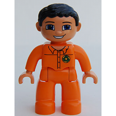 duplo figure lego ville male orange legs nougat hands orange top with recycle logo black hair blue eyes