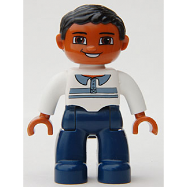 duplo figure lego ville male dark blue legs white top with buttons and stripes black hair brown eyes