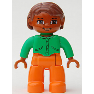 duplo figure lego ville female orange legs bright green top with buttons and pockets reddish brown hair brown eyes
