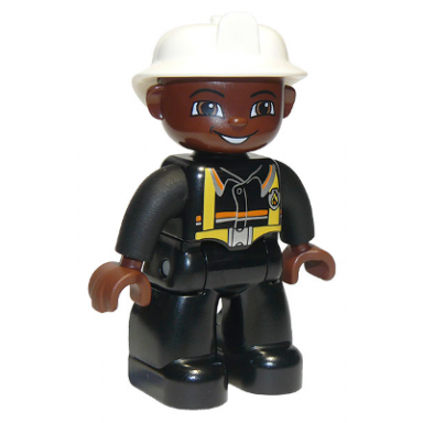 duplo figure lego ville male fireman black legs brown hands white helmet brown face