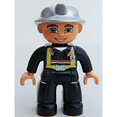 duplo figure lego ville male fireman black legs nougat hands silver helmet blue eyes