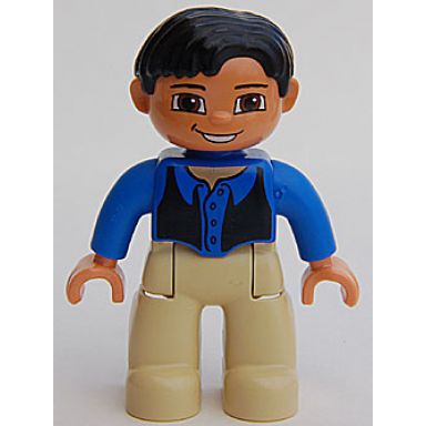 duplo figure lego ville male tan legs blue top black vest black hair