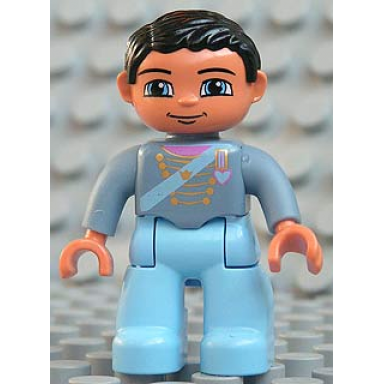 duplo figure lego ville male light blue legs sand blue top with strap gold crown and medium blue heart black hair