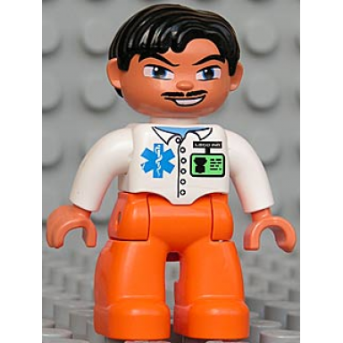 duplo figure lego ville male medic orange legs white top with id badge and emt star of life pattern black hair blue eyes moustache