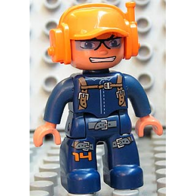 duplo figure lego ville male dark blue legs jumpsuit with straps orange cap with headset