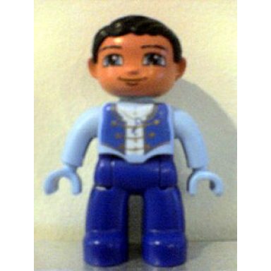 duplo figure lego ville male dark blue-violet legs bright light blue top with straps and key necklace bright light blue hands black hair