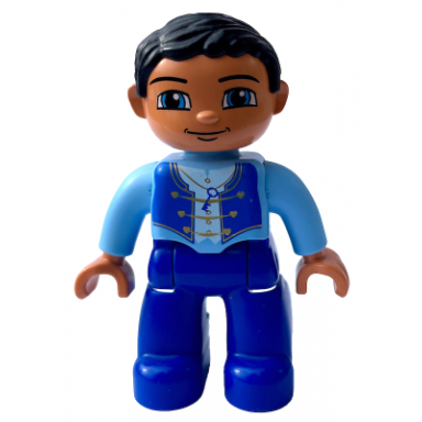 duplo figure lego ville male dark blue-violet legs bright light blue top with straps and key necklace nougat hands black hair