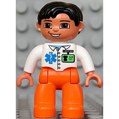 duplo figure lego ville male medic orange legs white top with id badge and emt star of life pattern black hair brown eyes