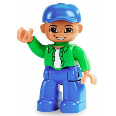 duplo figure lego ville male blue legs bright green top with white undershirt blue cap