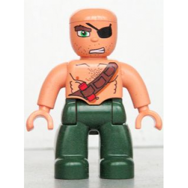 duplo figure lego ville male pirate dark green legs nougat top with strap and dynamite bald head eye patch