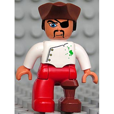 duplo figure lego ville male pirate red legs white top with buttons and green spots reddish brown pirate hat eye patch peg leg