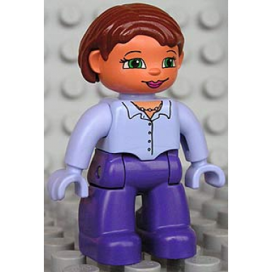duplo figure lego ville female dark purple legs light lilac button top with necklace light lilac hands reddish brown hair green eyes