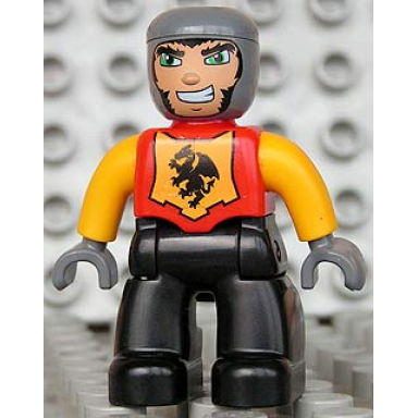 duplo figure lego ville male castle black legs red chest bright light orange arms dark bluish gray hands wide grin
