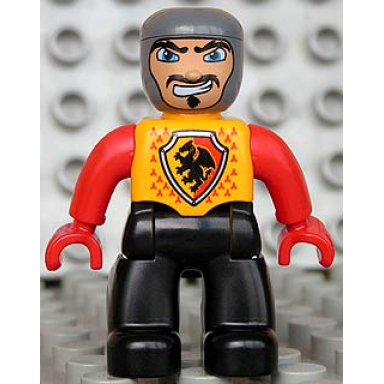 duplo figure lego ville male castle black legs bright light orange chest red arms red hands wide crooked grin
