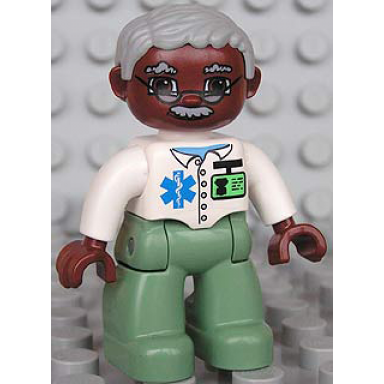 duplo figure lego ville male medic sand green legs white top with badge light bluish gray hair brown head glasses moustache