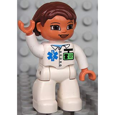 duplo figure lego ville female medic white legs white top with id badge and emt star of life pattern reddish brown hair brown eyes