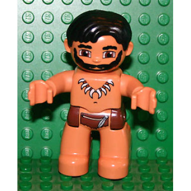 duplo figure lego ville male nougat legs reddish brown hips black hair animal tooth claw necklace black beard caveman