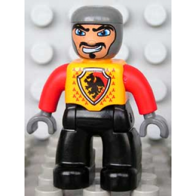 duplo figure lego ville male castle black legs bright light orange chest red arms dark bluish gray hands wide crooked grin