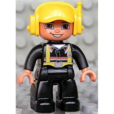 duplo figure lego ville male fireman black legs nougat hands yellow cap with headset