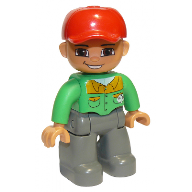 duplo figure lego ville male dark bluish gray legs bright green button down shirt red cap brown eyes open mouth smile mechanic