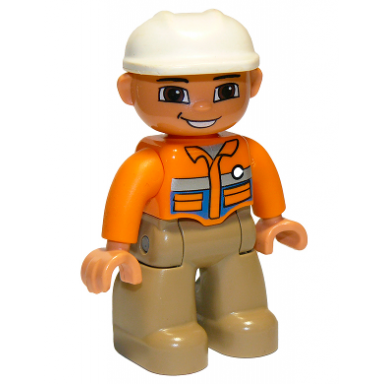 duplo figure lego ville male dark tan legs orange shirt brown eyes white construction helmet white button