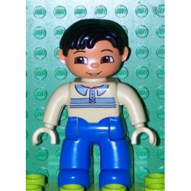 duplo figure lego ville male blue legs tan pullover with buttons and stripes black hair brown eyes tan hands