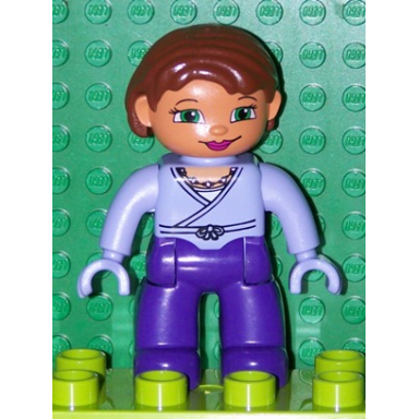 duplo figure lego ville female dark purple legs light lilac wrap top with necklace light lilac hands reddish brown hair green eyes