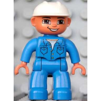 duplo figure lego ville male blue legs blue top with pockets white construction helmet brown eyes and open mouth smile