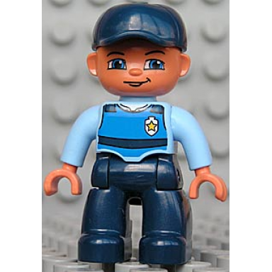 duplo figure lego ville male dark blue legs light blue top with life jacket and badge dark blue cap