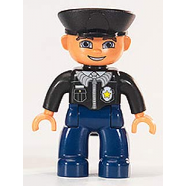 duplo figure lego ville male police dark blue legs black top with badge black arms black hat blue eyes