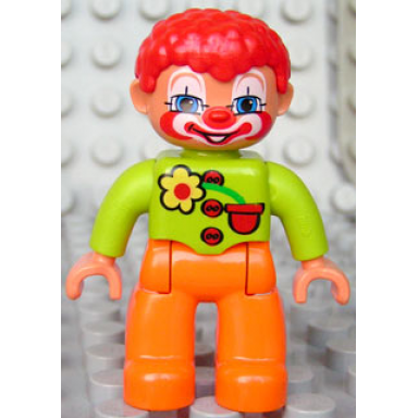 duplo figure lego ville male clown orange legs lime top with three buttons and flower red hair blue eyes