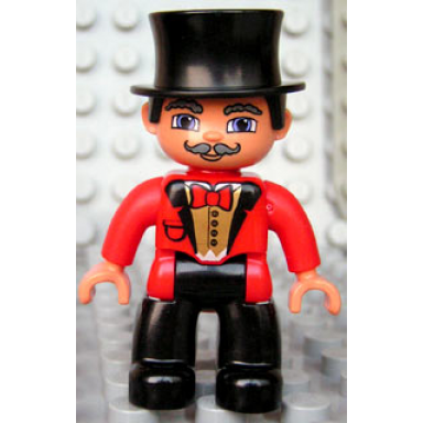 duplo figure lego ville male circus ringmaster black legs red top with bow tie top hat blue eyes