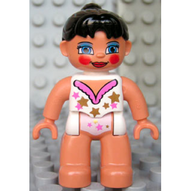 duplo figure lego ville female tightrope walker light nougat legs white top with stars black ponytail hair blue eyes