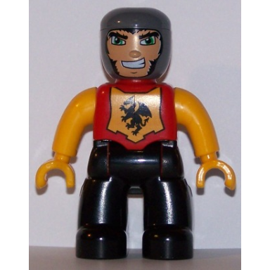 duplo figure lego ville male castle black legs red chest with dragon emblem bright light orange arms and hands lefty smile