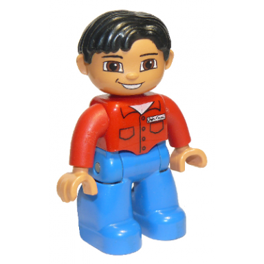 duplo figure lego ville male blue legs red shirt with pockets and name tag black hair brown eyes nougat hands