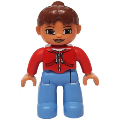 duplo figure lego ville female medium blue legs red jacket with black zipper and pockets reddish brown ponytail hair