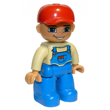 duplo figure lego ville male blue legs tan top with blue overalls red baseball cap