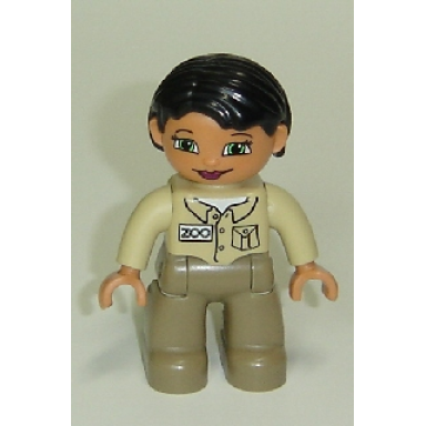 duplo figure lego ville female dark tan legs tan top black hair zoo keeper
