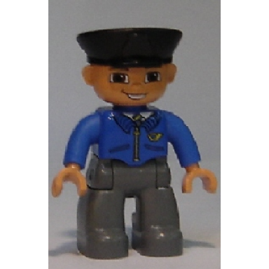 duplo figure lego ville male post office dark bluish gray legs blue jacket with mail horn black police hat smile with teeth