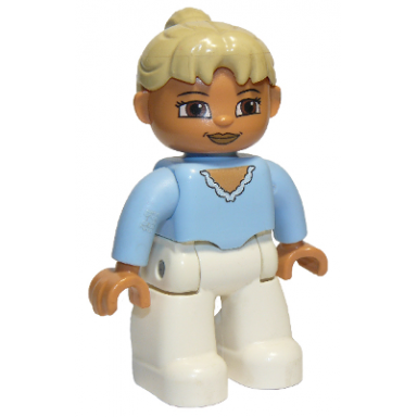 duplo figure lego ville female white legs bright light blue top tan ponytail hair brown eyes