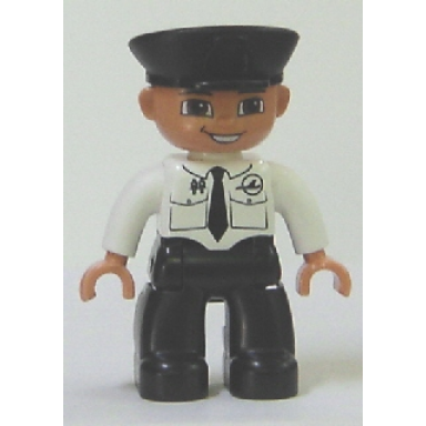 duplo figure lego ville male pilot black legs white top with airplane logo and black tie police hat