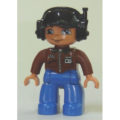 duplo figure lego ville male blue legs brown top with id badge black cap with headset