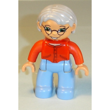 duplo figure lego ville female medium blue legs red sweater very light gray hair blue eyes glasses