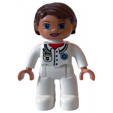 duplo figure lego ville female medic white legs white top with pocket and emt star of life pattern reddish brown hair blue eyes