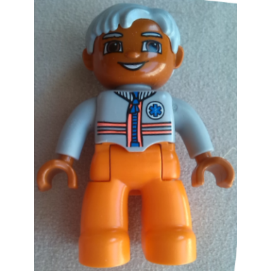 duplo figure lego ville male medic orange legs light bluish gray top with zipper stripes and emt star of life pattern light bluish gray hair